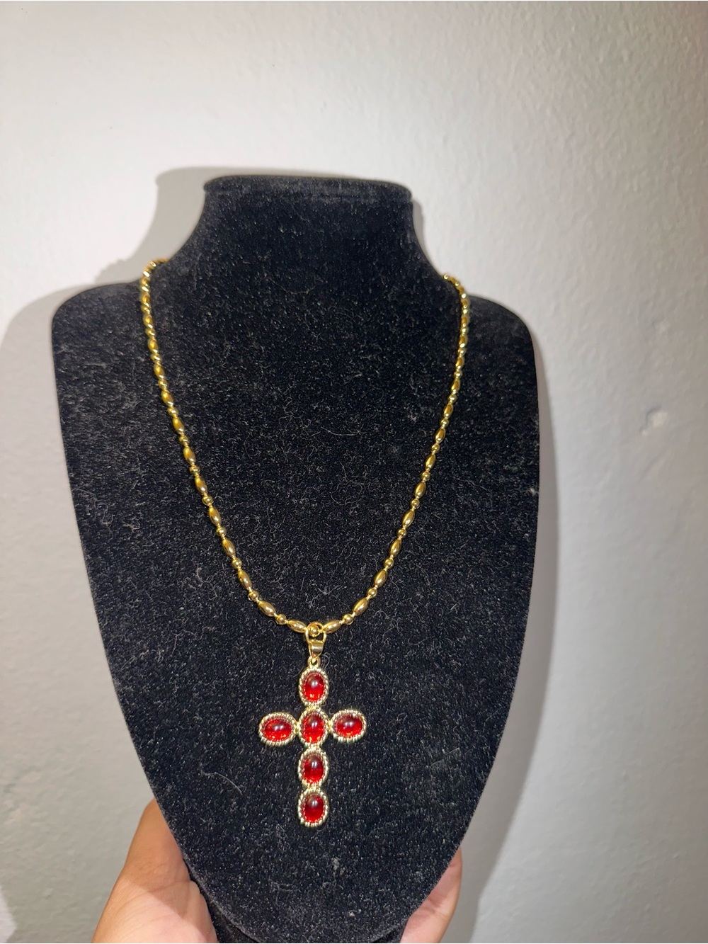 Handmade! Gold tone Chain Necklace with Red Gem Cross Pendant - Women Jewerly!
